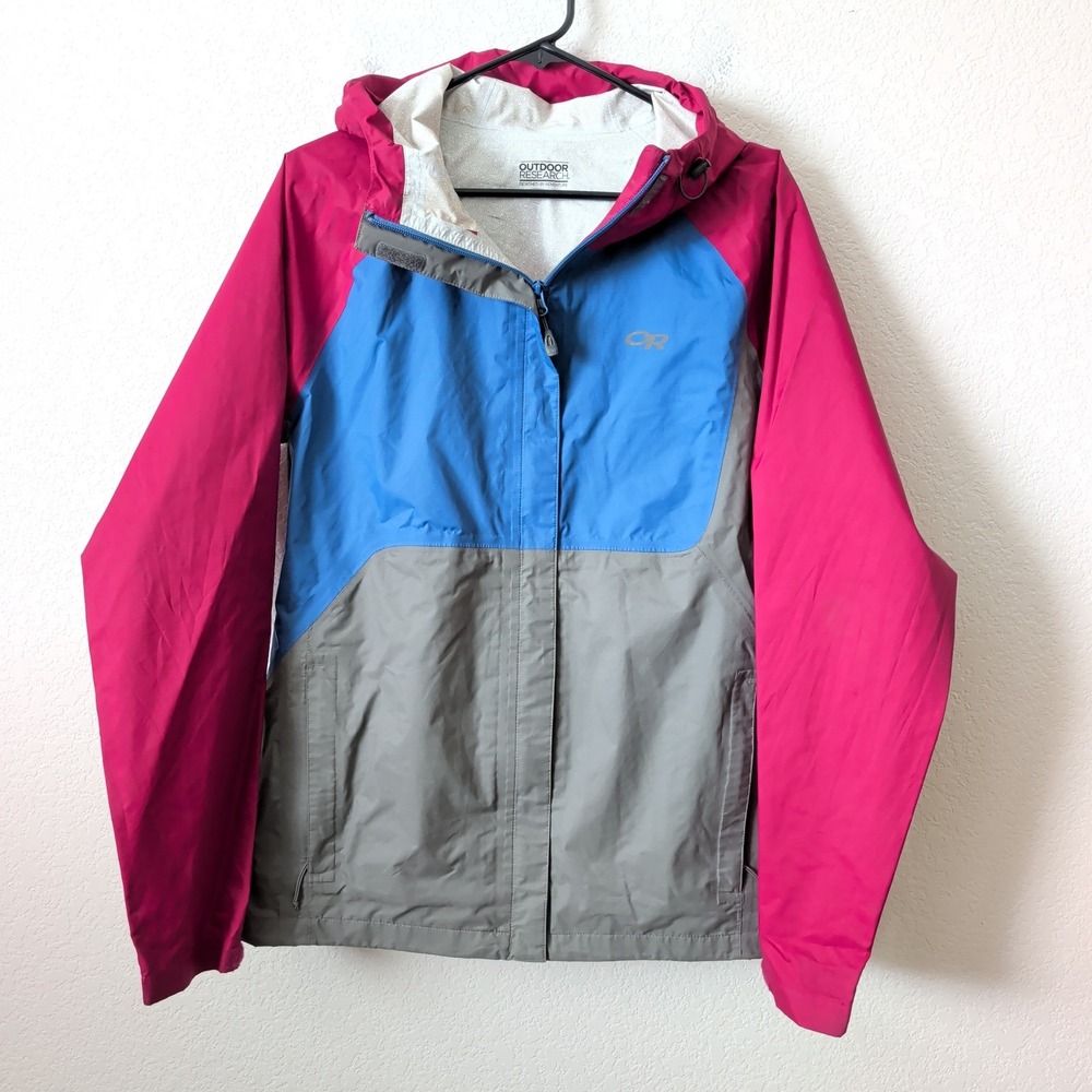 Outdoor Research Womens Apollo Jacket Pink Blue Grey Waterproof Shell L Rain